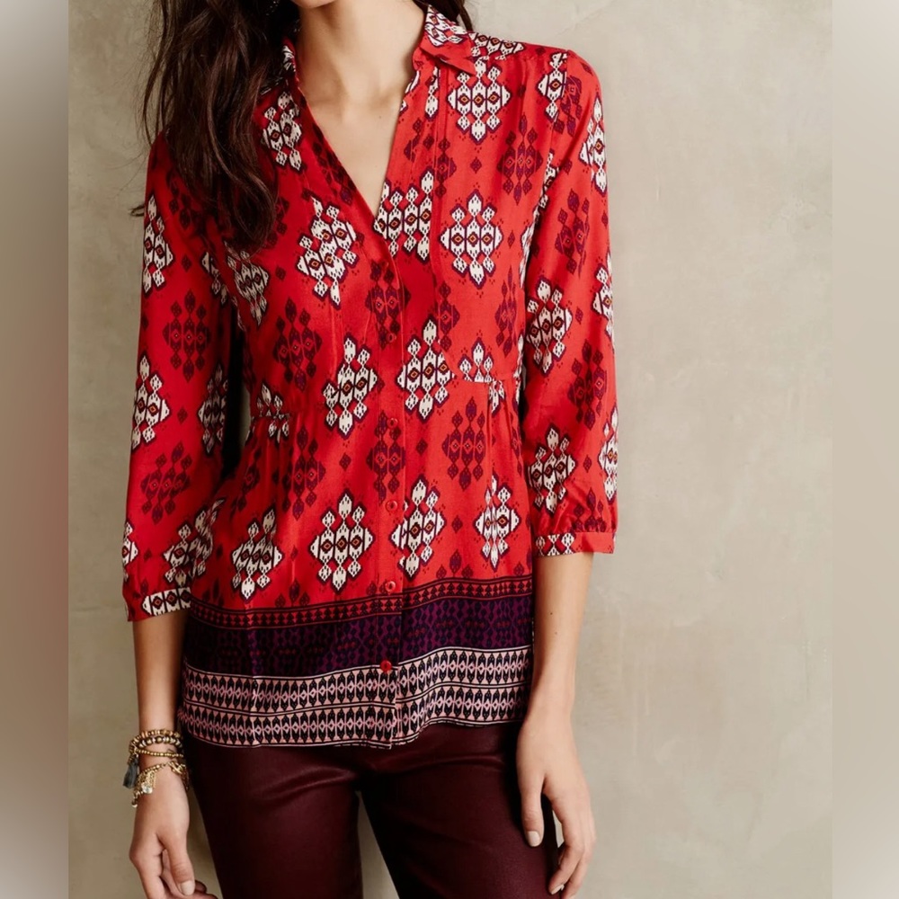 Anthropologie Women's Red and Burgundy Shirt Size 6P